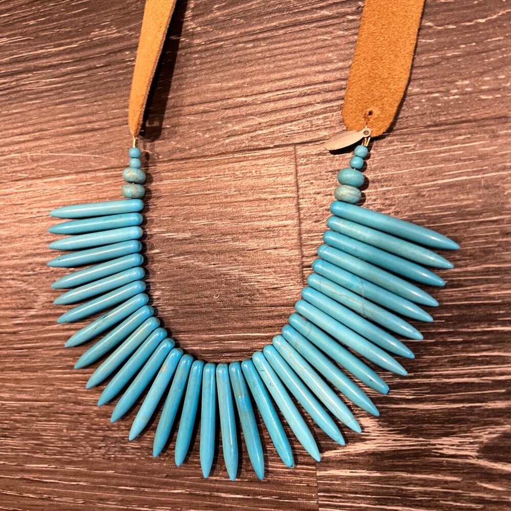 Turquoise Spike Beaded Statement Necklace Leather Tie Southwestern Style
